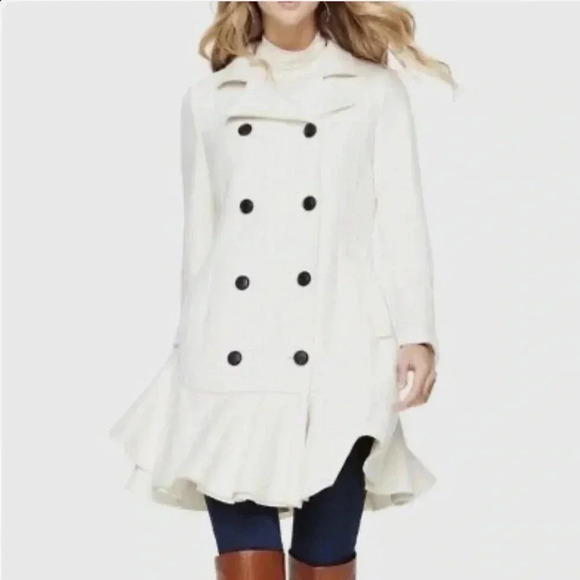 BCBG Maxazria wool  Ivory Talia Pea Coat peplum Size XS - Picture 1 of 14